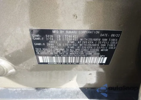 2022 Subaru Outback Touring Xt from USA, damaged, VIN 4S4BTGPD7N3282401